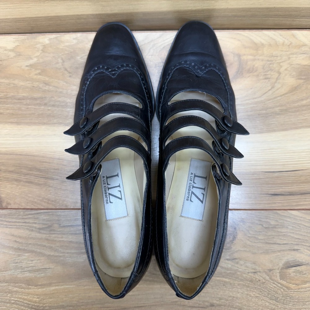 LIZ CLAIBORNE Vintage Victorian Mary Jane Pumps 9 M Black Leather Pinup Wingtip - Picture 8 of 11